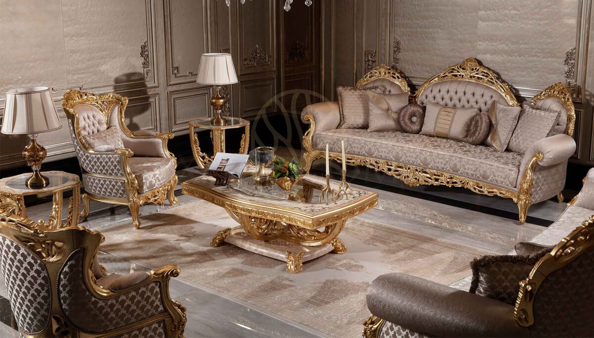 Royal Sultanahmet Gold Leaf Hand Carved Teak Sofa Set, Saharanpur, Sofa Set