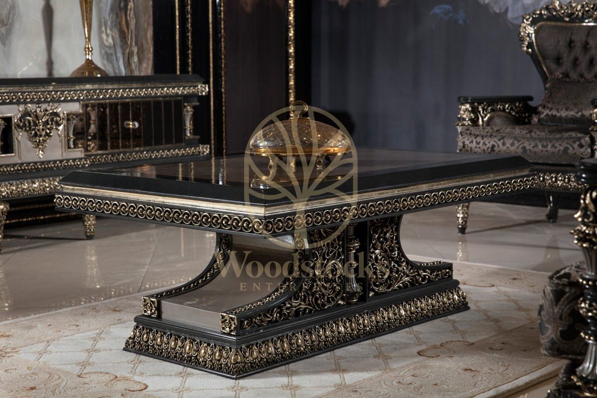 Teak Ornate Black and Gold Center Table, Center Table