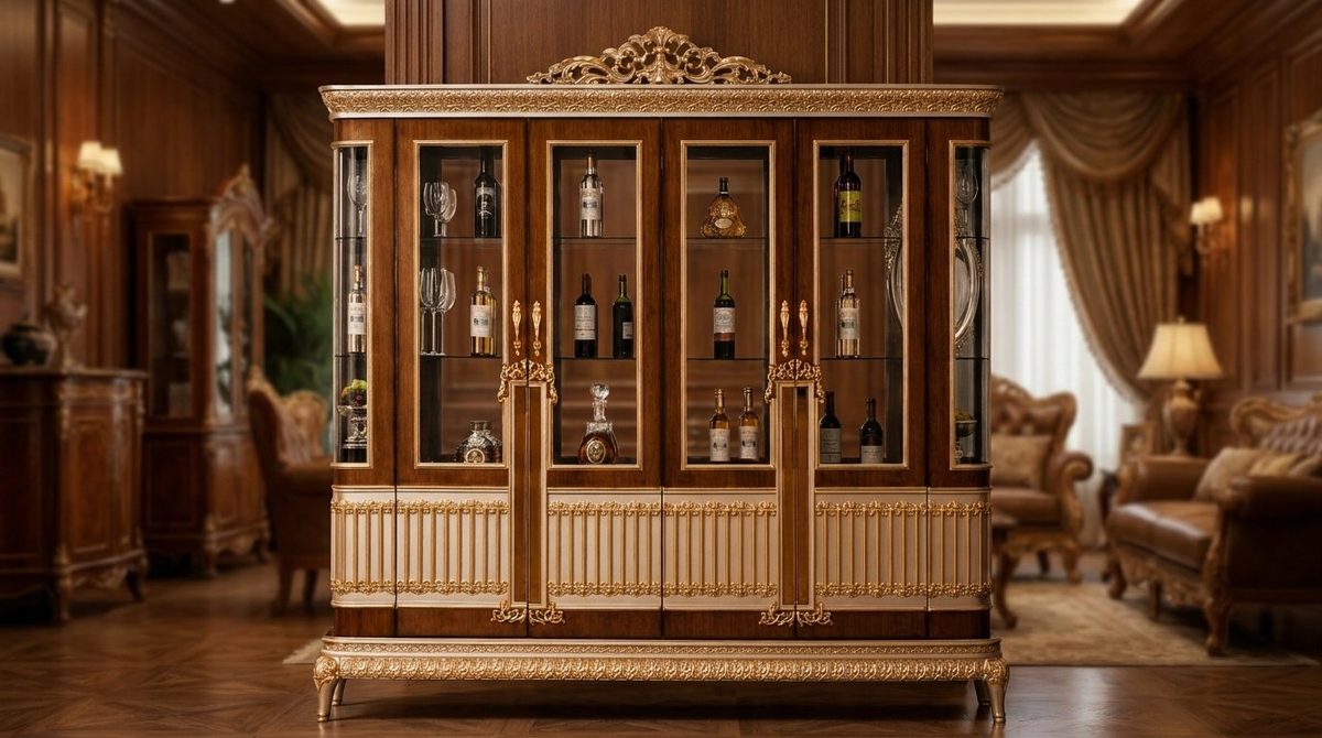 Teak Ornate Antiqued Ivory China Cabinet, Crockery Cabinet
