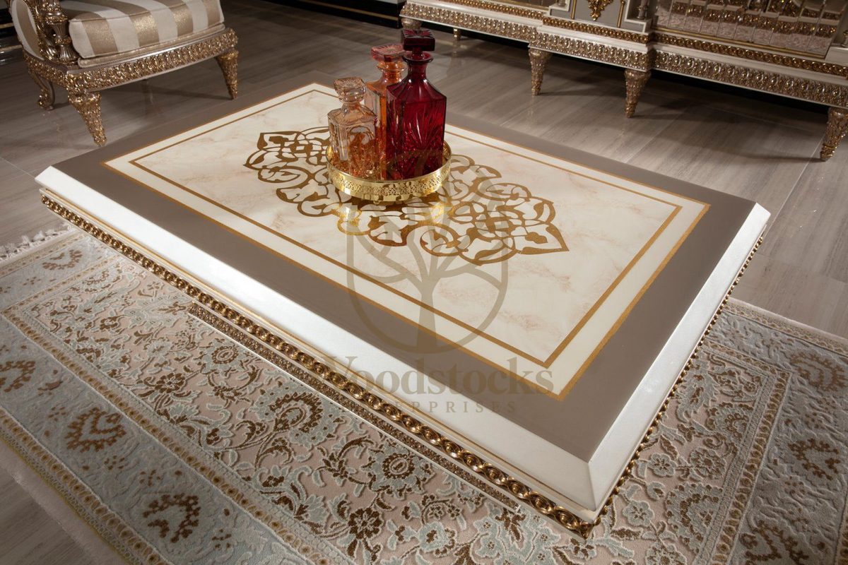 Teak Ornate Cream and Gold Center Table, view 2