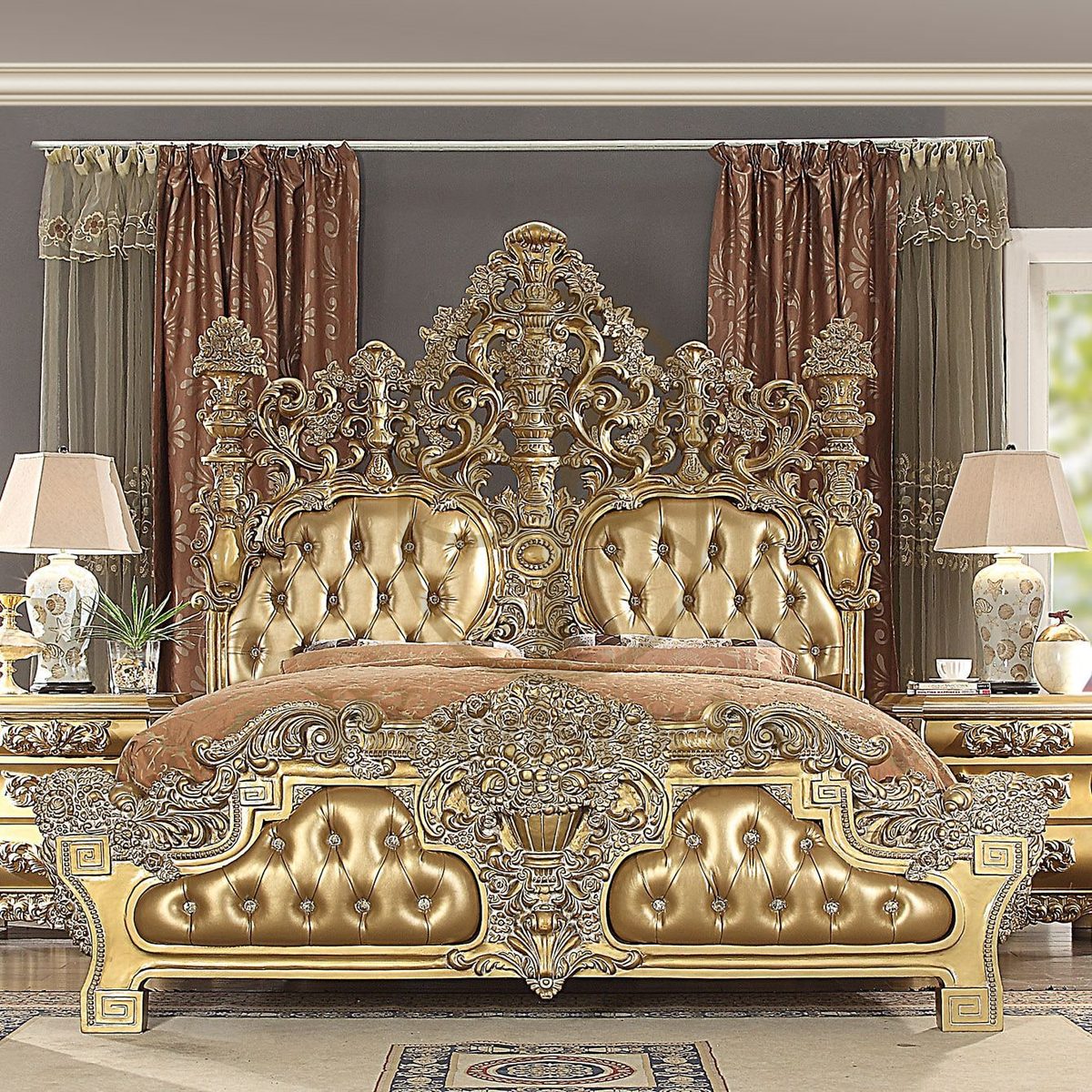 Teak Tufted Gold King Size Bed, King Size Bed