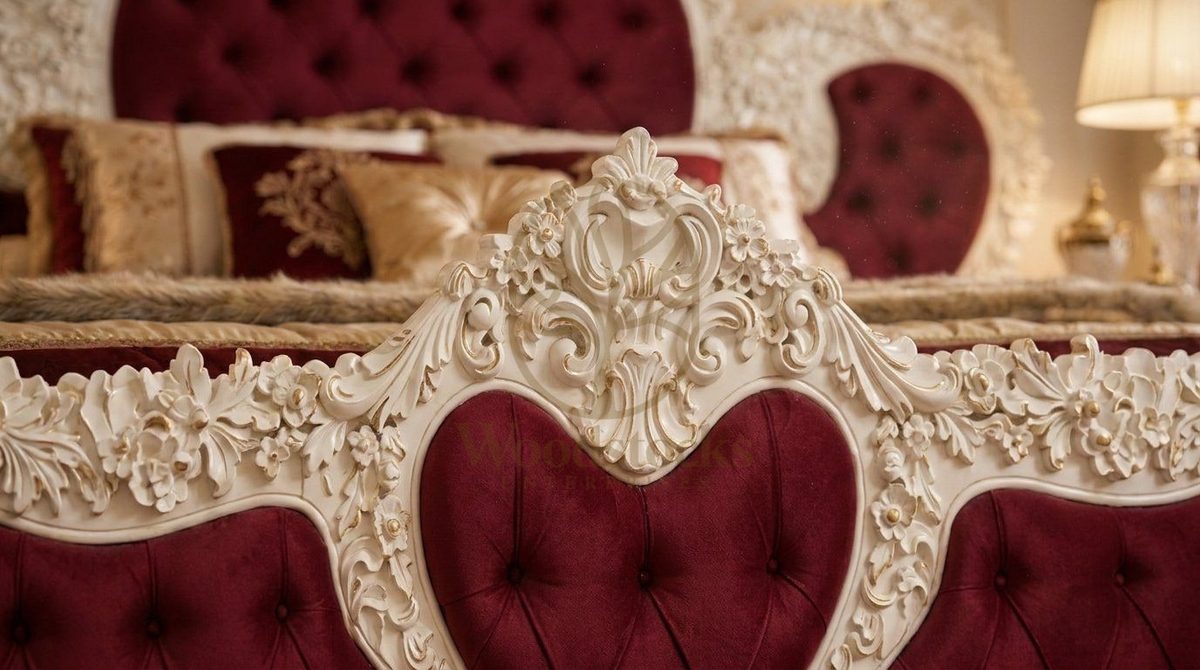 Teak Luxury Maharaja Carved Burgundy Velvet King Bed, view 6