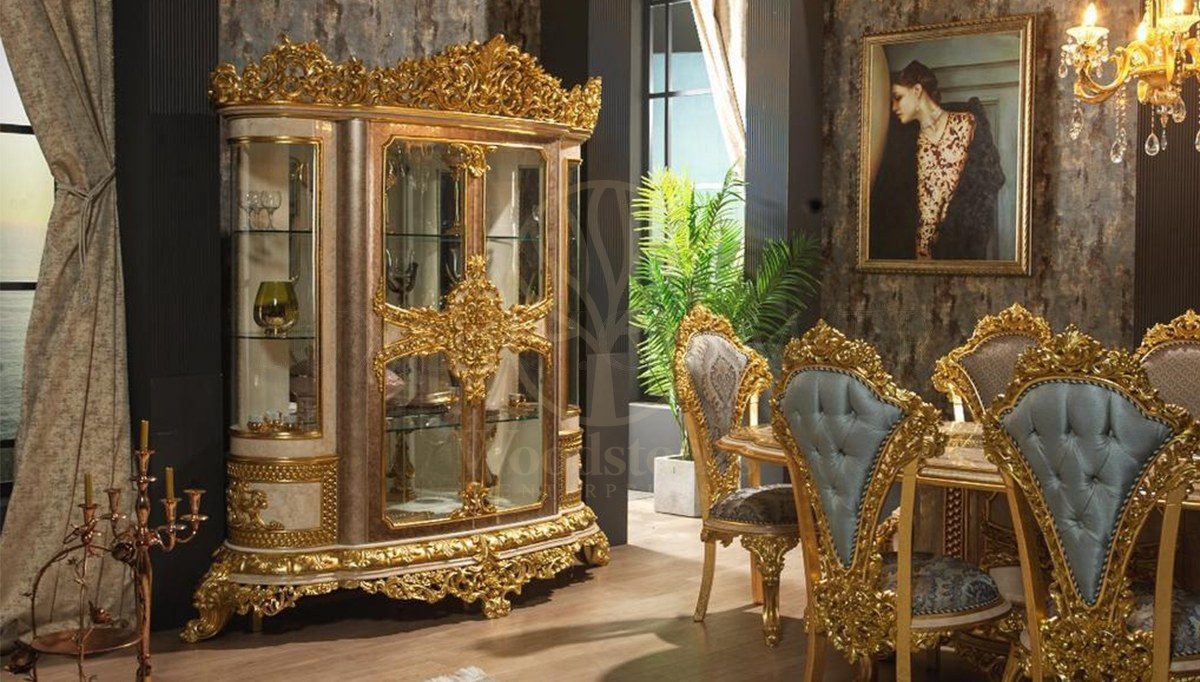 Royal Hunkar Gold Leaf Hand Carved Teak Dining Table Set, Saharanpur, view 5