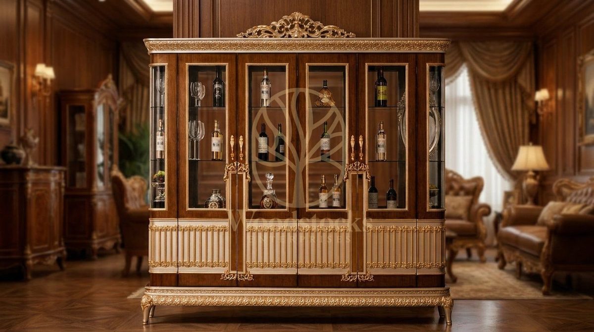 Teak Ornate Antiqued Ivory China Cabinet, Crockery Cabinet