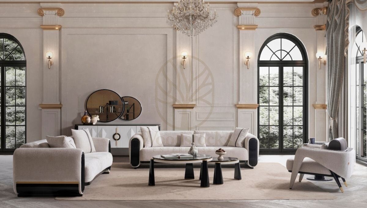 Luxury Veyron White Handcrafted Teak Sofa Set, Saharanpur, Sofa Set