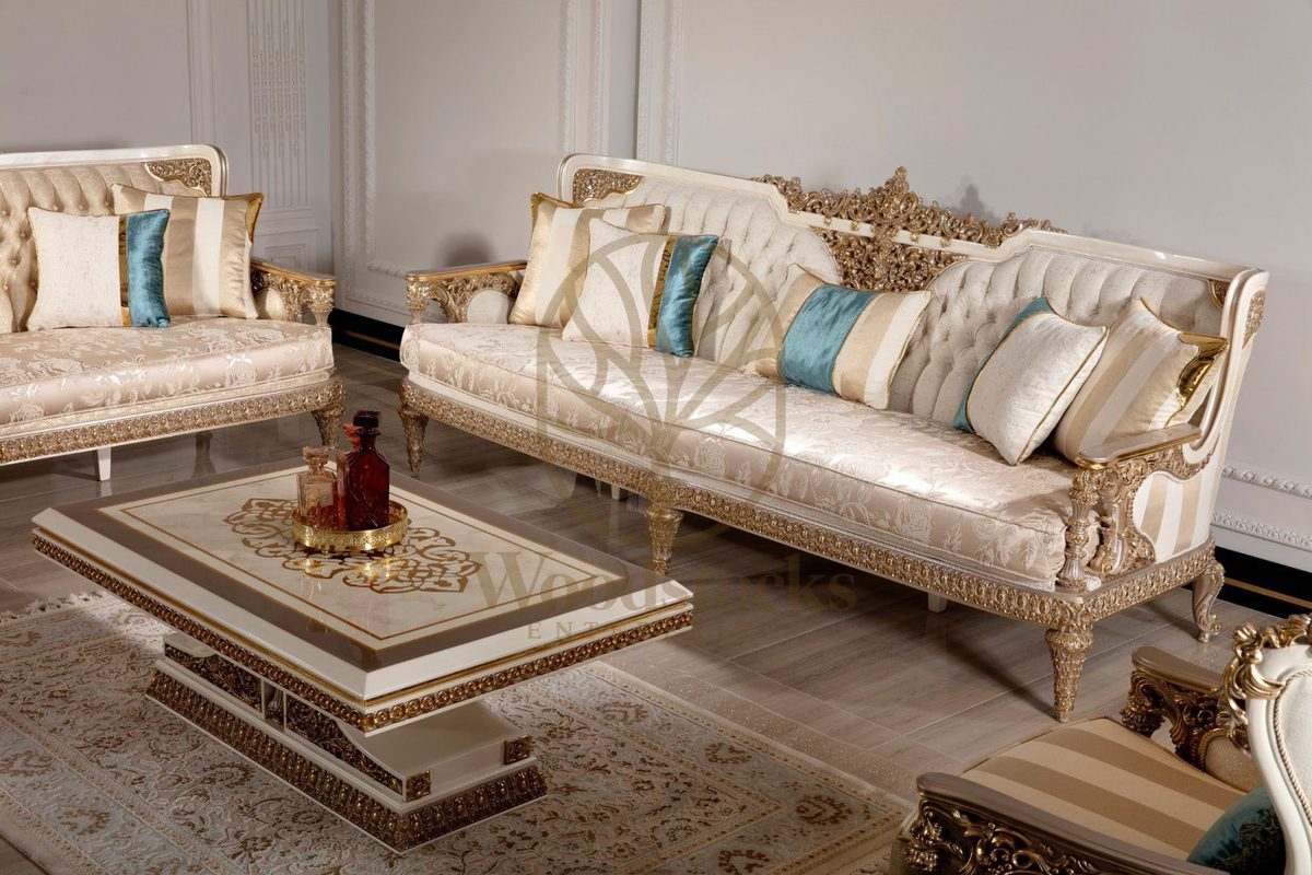 Teak Ornate Cream and Gold Throne Sofa Set, view 15