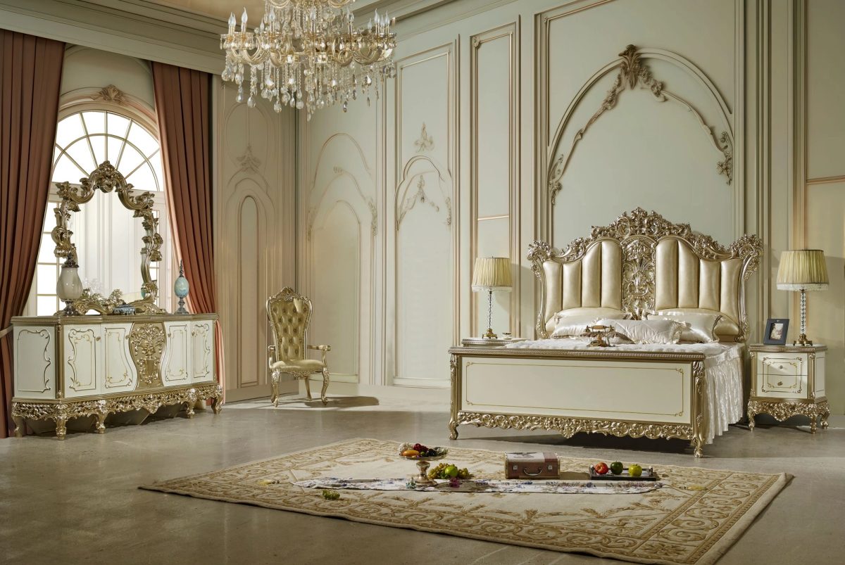 WSE High Quality Teak Wood Ornate Gold King Size Bed II, King Size Bed