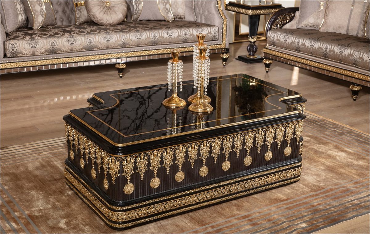 Teak Embroidered Black and Gold Center Table, Center Table