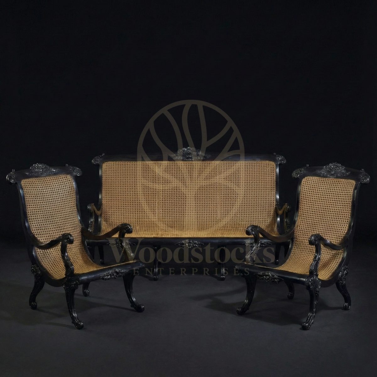 Hand Carved Teak Ceylonese Cane & Ebony Sitting Suite, Saharanpur, Sofa Set