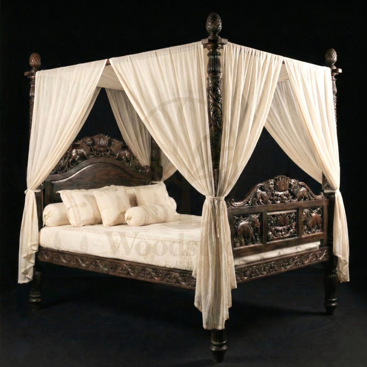 Royal Hand Carved Teak Imperial Safari Canopy Bed, Saharanpur, Four Poster Bed