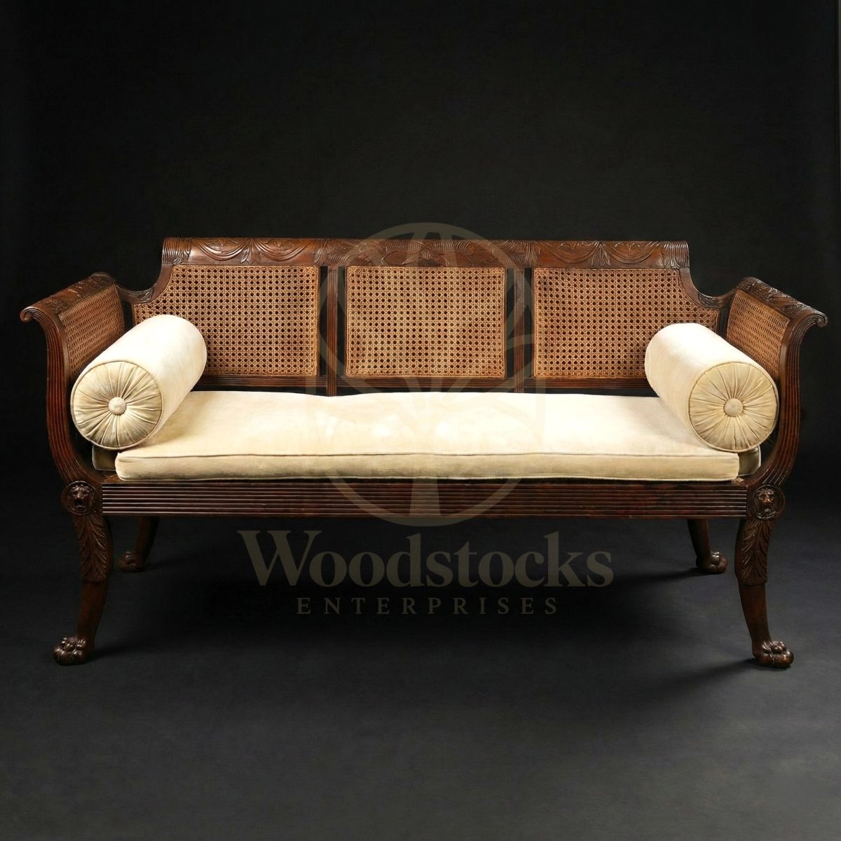 Hand Carved Teak Belgravia Cane-Back Day Settee, Saharanpur, Diwan Couch