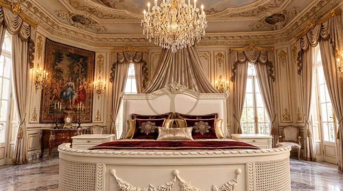 Teak Luxury French Provincial Carved Upholstered King Bed, alternate view