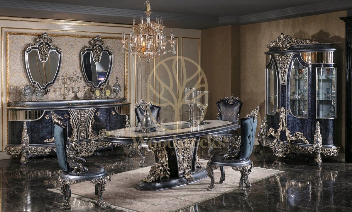 Teak Royal Navy and Silver Dining Set, Dining Table