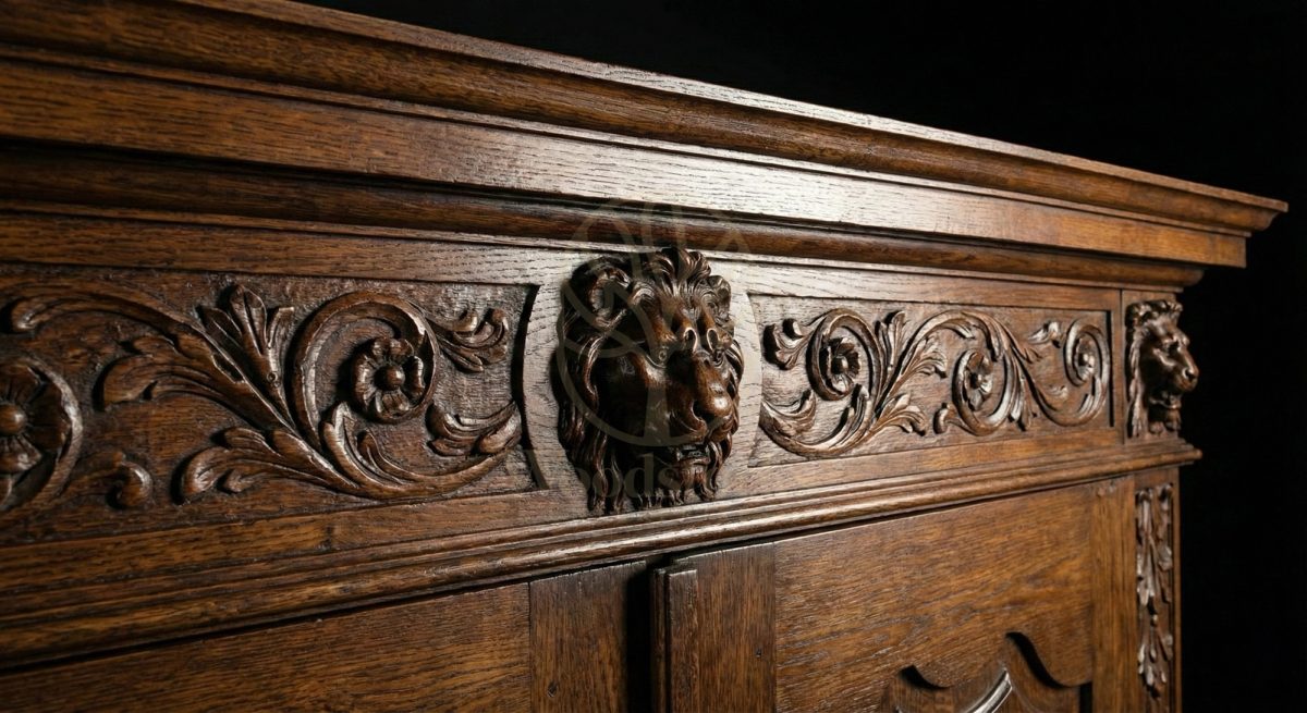 Royal Hand Carved Teak Lion-Guarded Armoire of the Loire Châteaux, Saharanpur, view 5