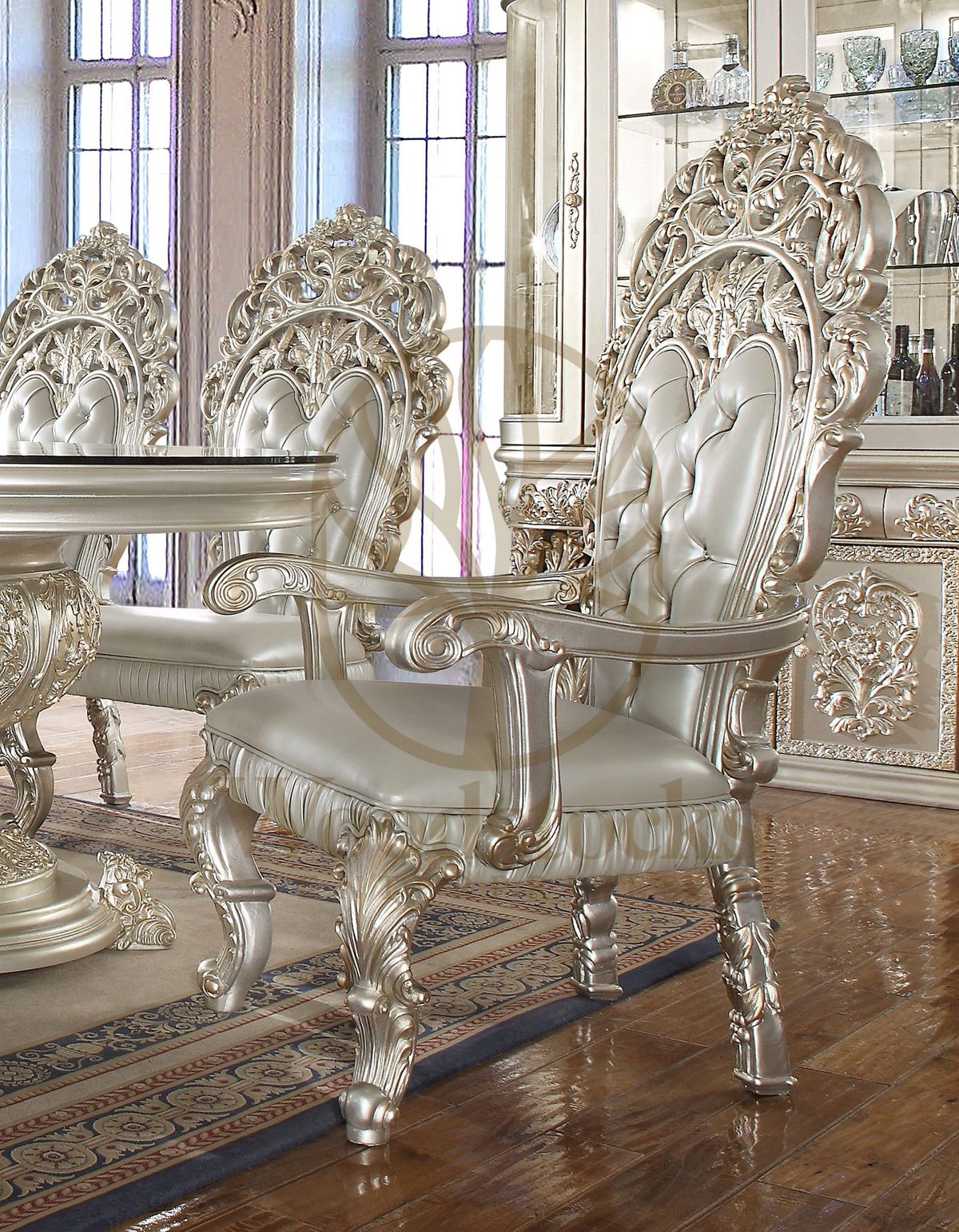 Teak Carved Silver 7-Piece Dining Table III, Dining Table
