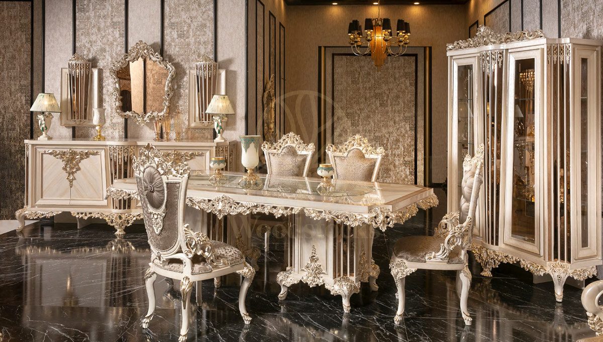 Royal Vitton White Hand Carved Teak Dining Table Set, Saharanpur, Dining Table