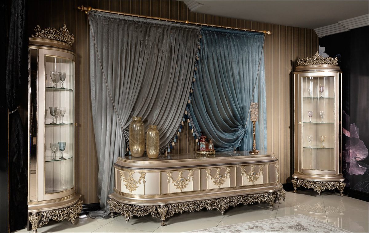 Teak Elegance Champagne and Silver TV Cabinet, TV Cabinet