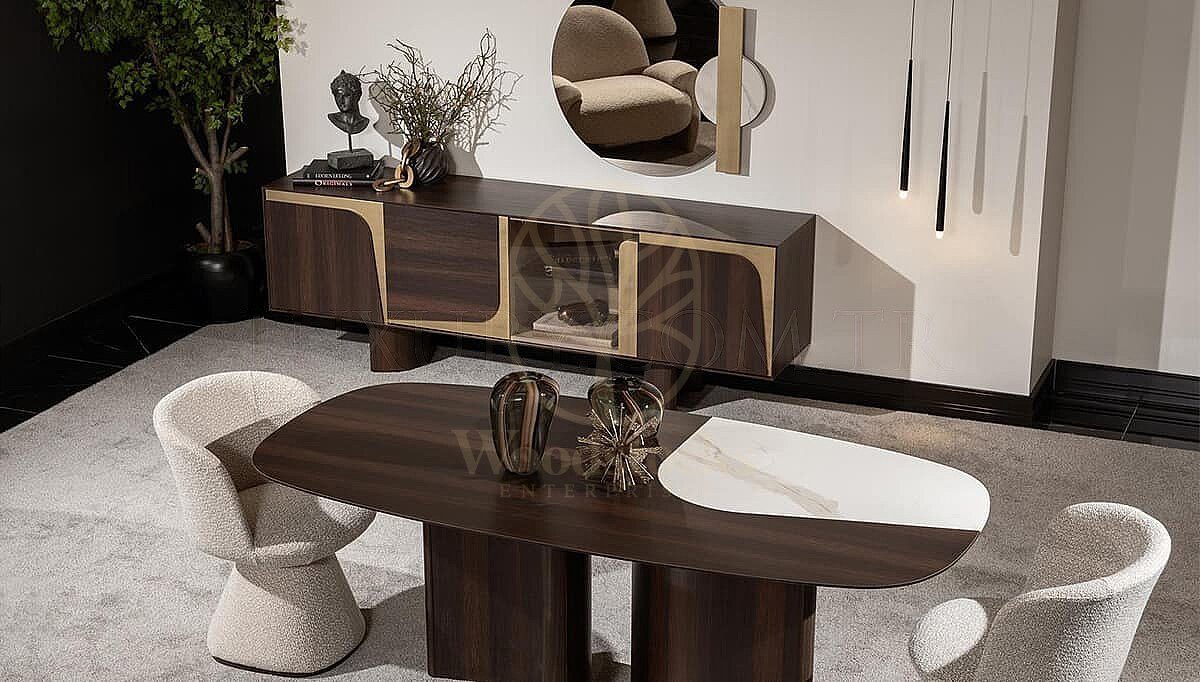Luxury Niva Beige Brown Handcrafted Teak Dining Table Set, Saharanpur, view 2
