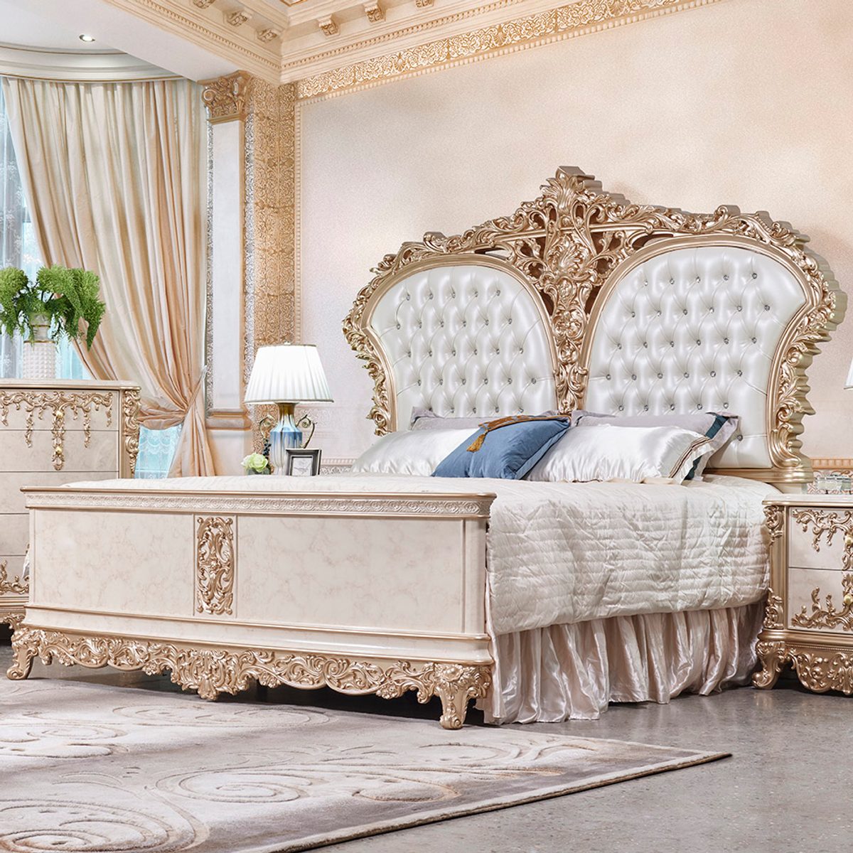 WSE High Quality Teak Wood Tufted Ivory 6-Piece King Size Bed, King Size Bed