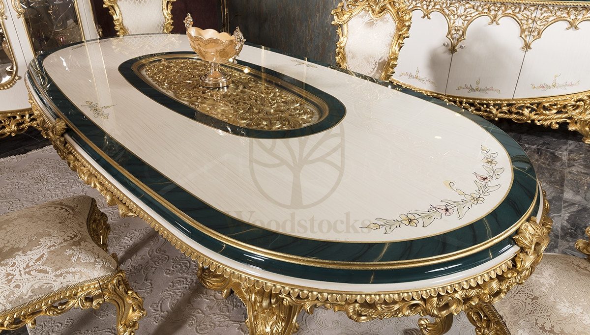 Royal Zumra Gold Leaf Hand Carved Teak Dining Table Set, Saharanpur, view 5