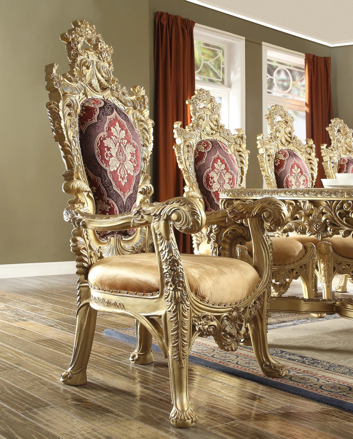 WSE High Quality Teak Wood Carved Gold 5-Piece Dining Table, Dining Table
