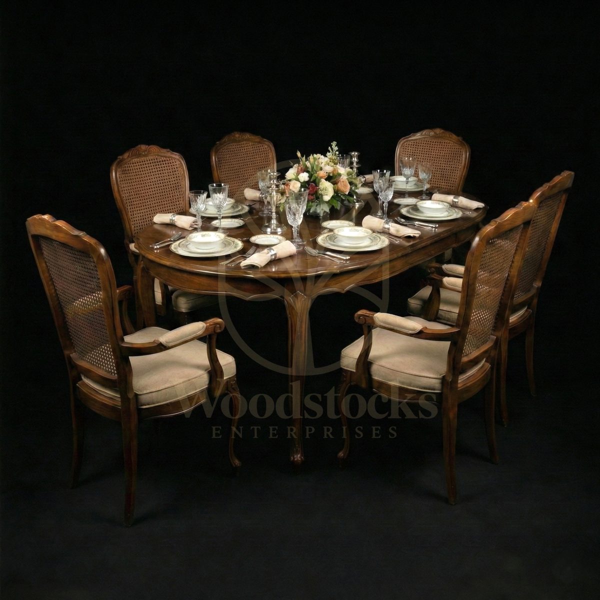 Royal Teak Louis XV Provincial Cane-Back Dining Ensemble, Saharanpur, Dining Table