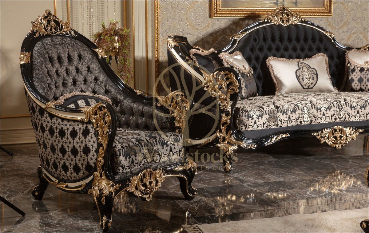 Teak Baroque Black and Gold Tufted Sofa Set, view 7