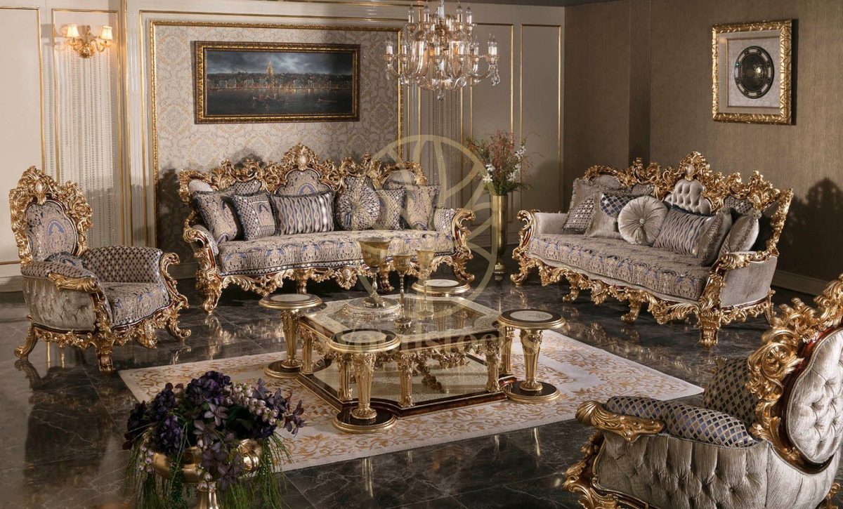 Teak Grand Cream and Gold Carved Sofa Set, Sofa Set