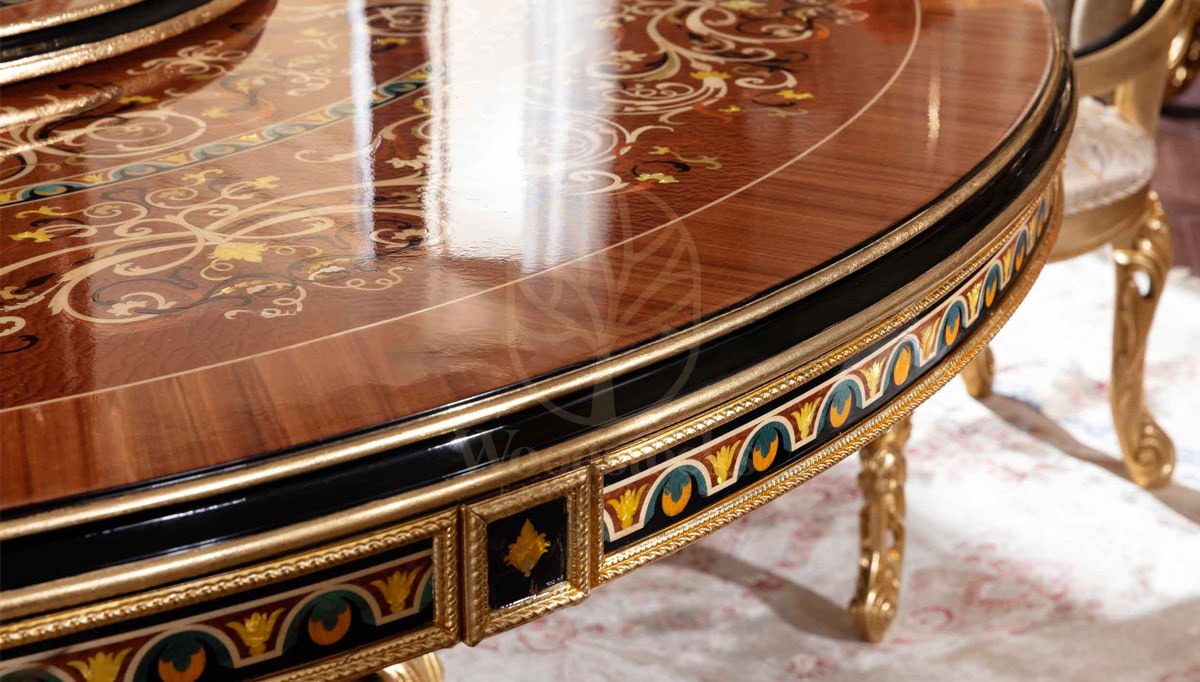 Royal Panamera Marquetry Hand Carved Teak Dining Table Set, Saharanpur, view 8