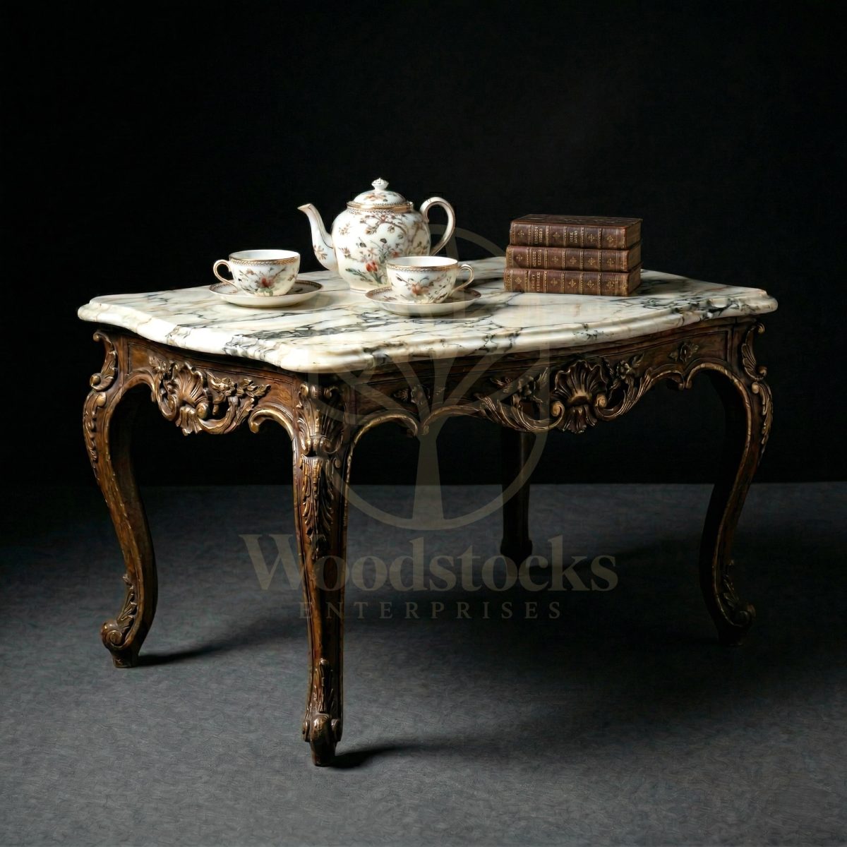 Royal Hand Carved Teak French Court Louis XV Marble Salon Table, Saharanpur, Center Table