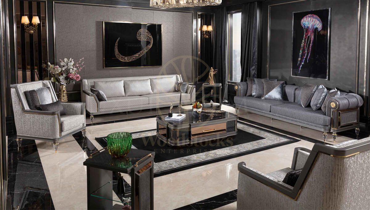 Luxury Viterbo Grey Handcrafted Teak Sofa Set, Saharanpur, Sofa Set