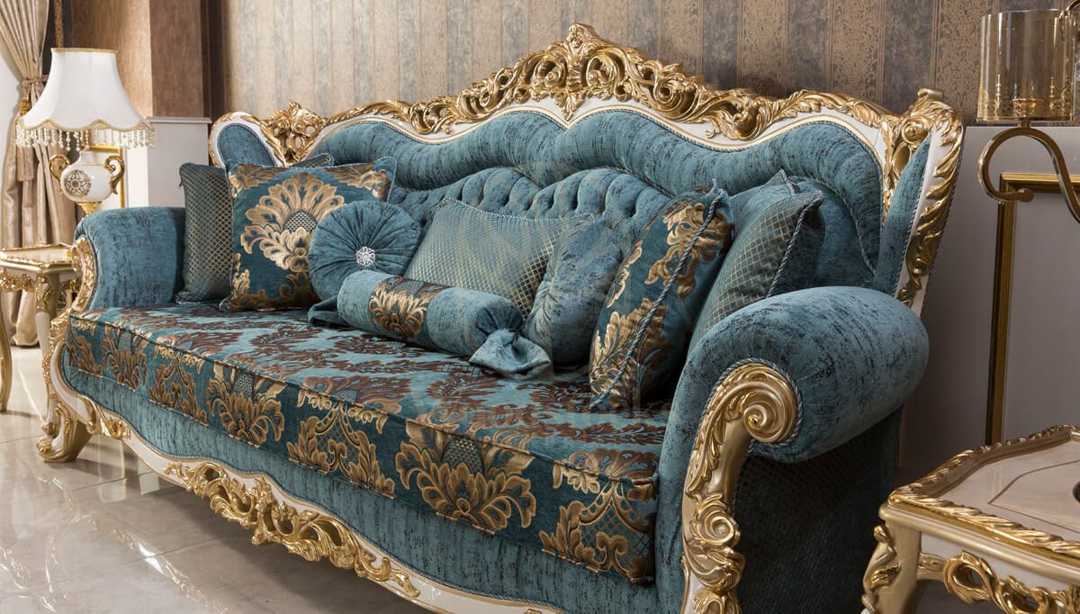 Royal Mecidiye Gold Leaf Hand Carved Teak Sofa Set, Saharanpur, view 7