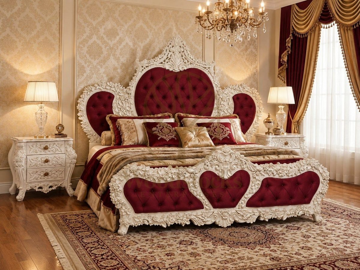Teak Luxury Maharaja Carved Burgundy Velvet King Bed, alternate view