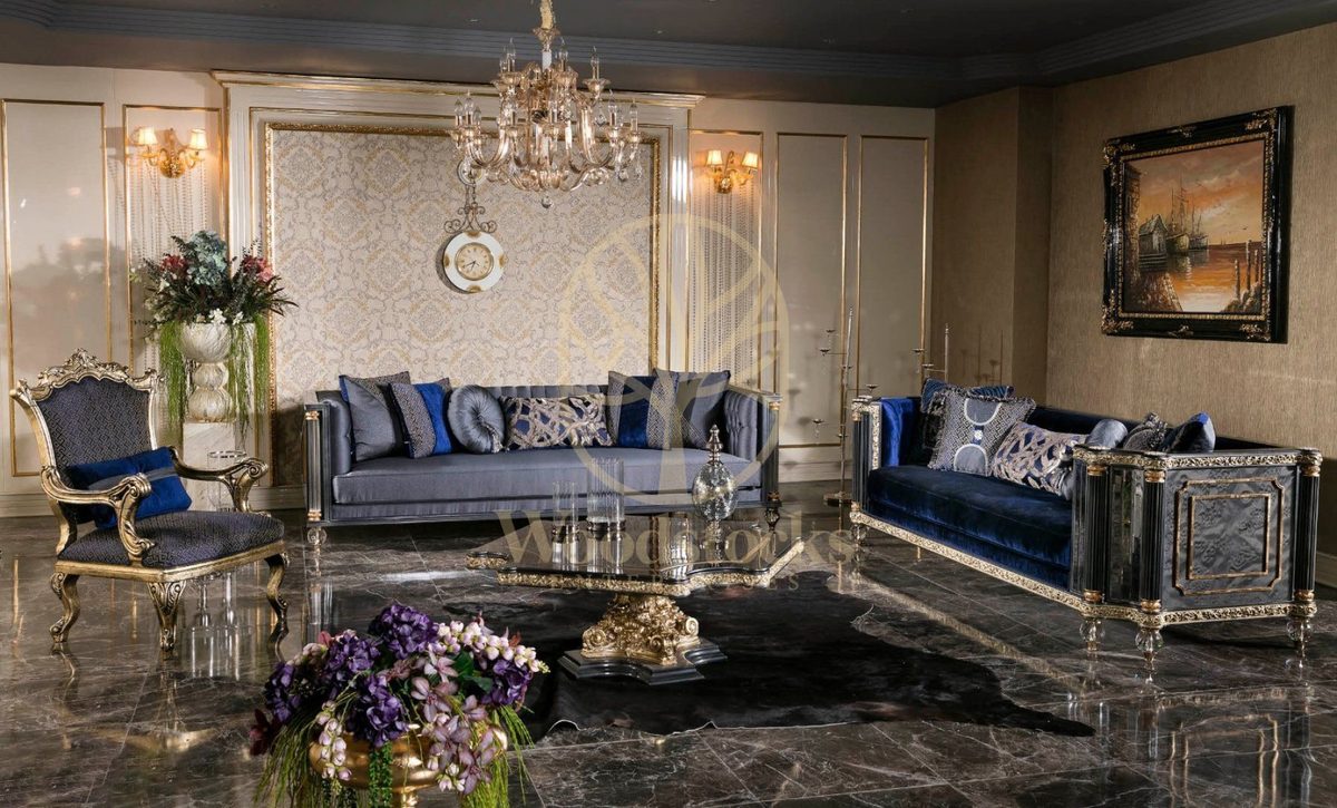 Teak Roma Blue Velvet Sofa Set, Sofa Set