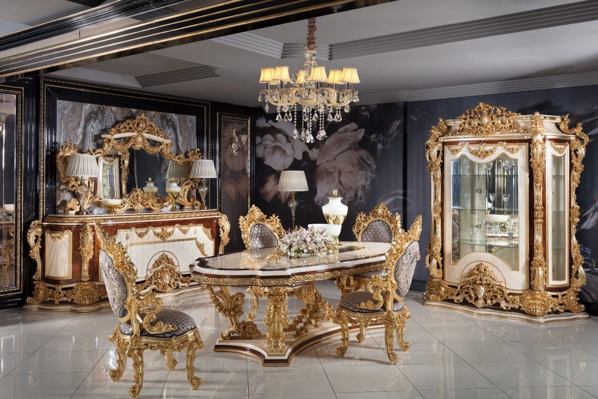 Teak Grand Gold Leaf Baroque Dining Set, Dining Table