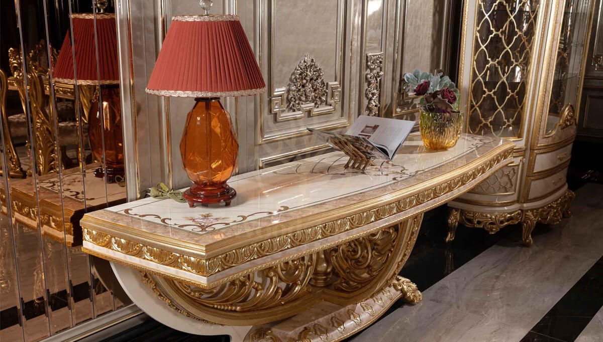 Royal Sultanahmet Gold Leaf Hand Carved Teak Dining Table Set, Saharanpur, view 5