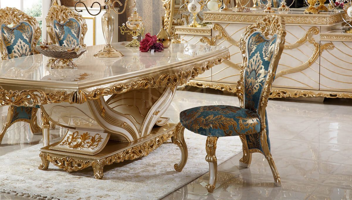 Royal Mecidiye Gold Leaf Hand Carved Teak Dining Table Set, Saharanpur, view 2