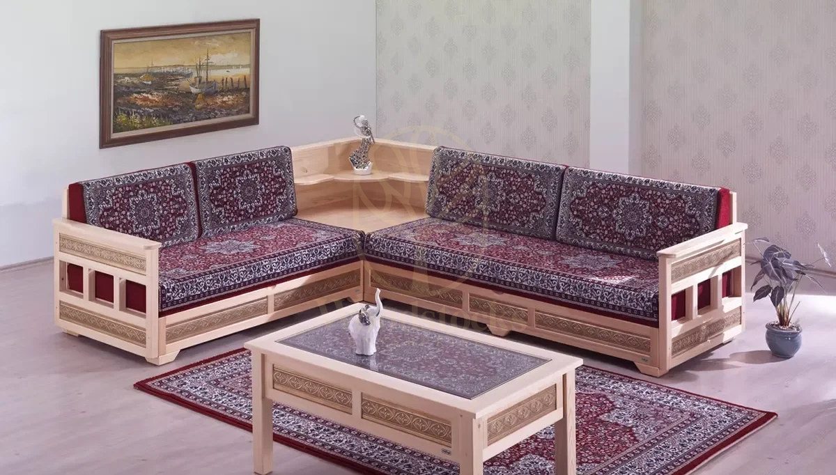 Royal Hunkar Hand Carved Teak L-Shape Sofa, Saharanpur, view 2