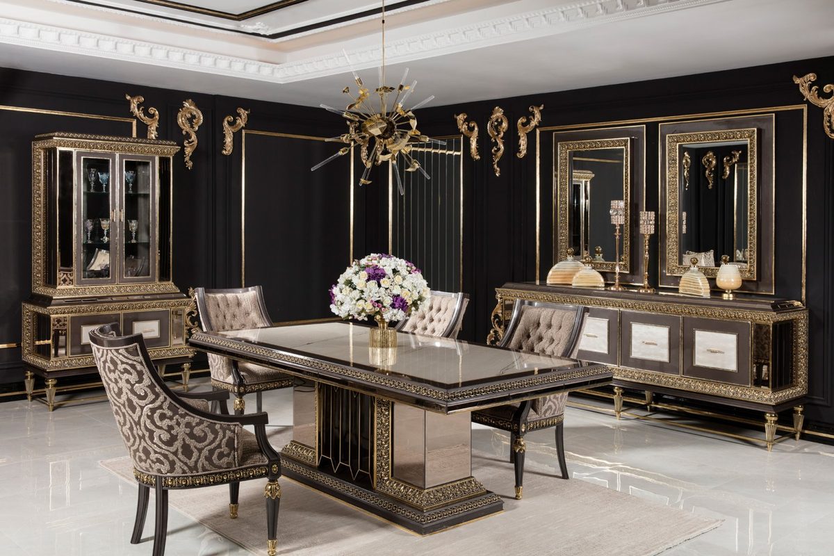 Teak Imperial Black and Gold Dining Set, Dining Table