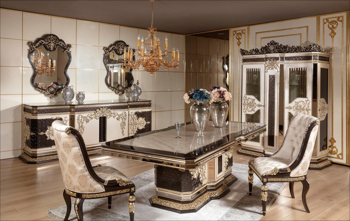 Teak Baroque Ivory and Black Dining Set, Dining Table