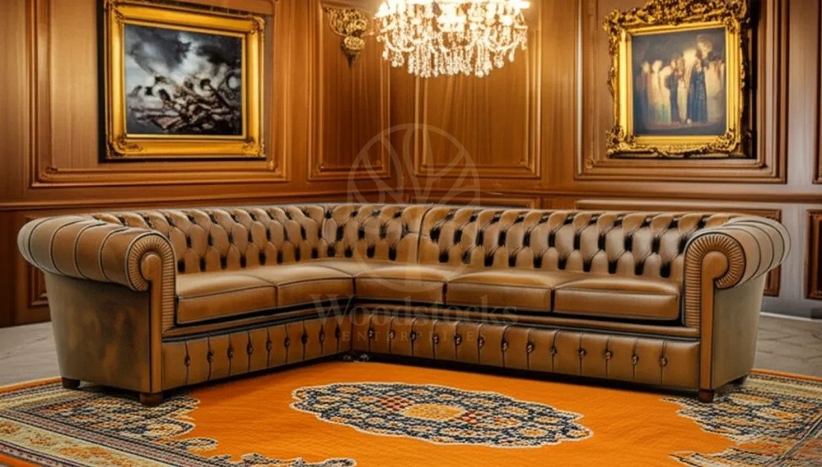 Royal Victoria Chesterfield Hand Carved Teak L-Shape Sofa, Saharanpur, L Shape Sofa