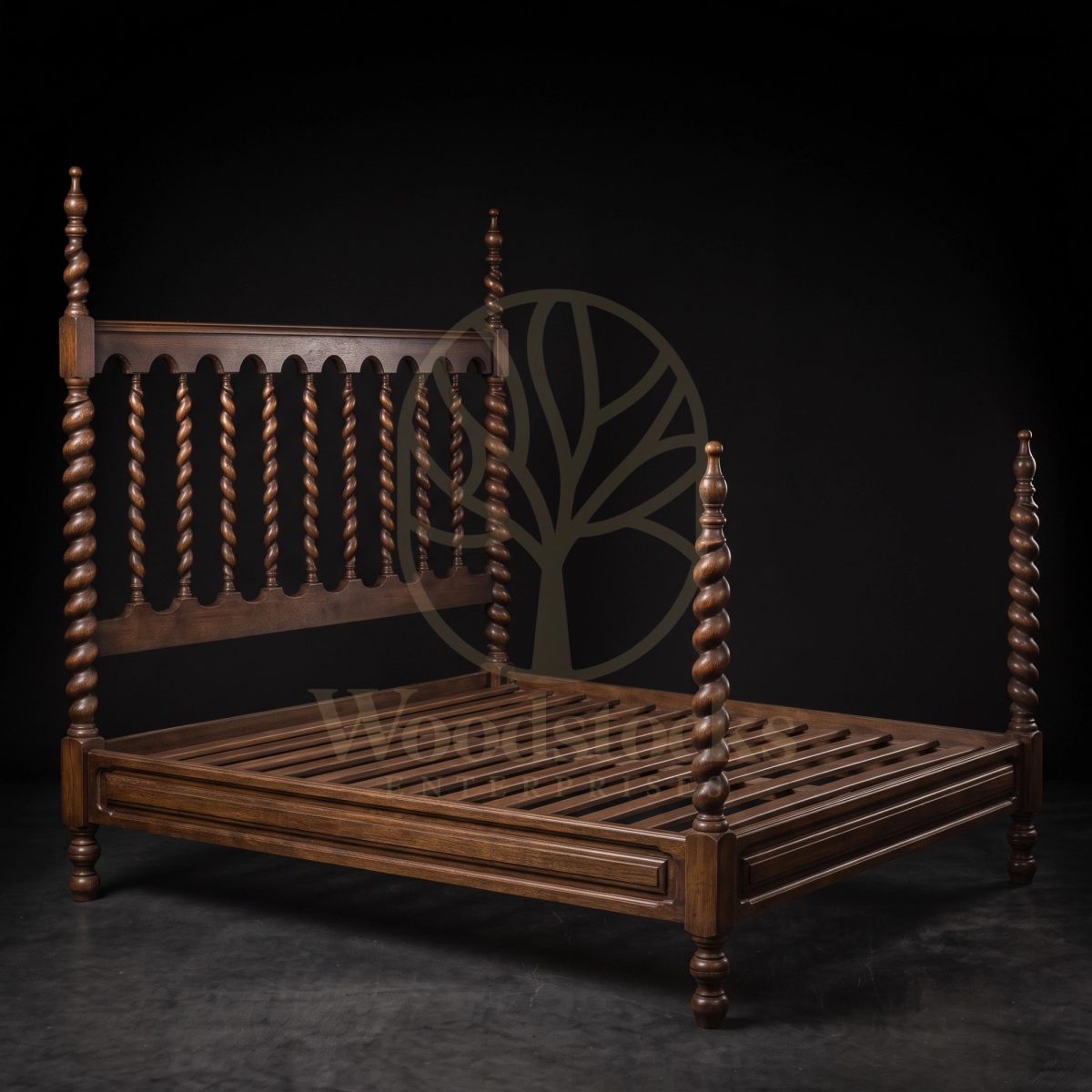 Royal Hand Carved Teak Barley Twist Jacobean-Revival Poster Bed, Saharanpur, view 2