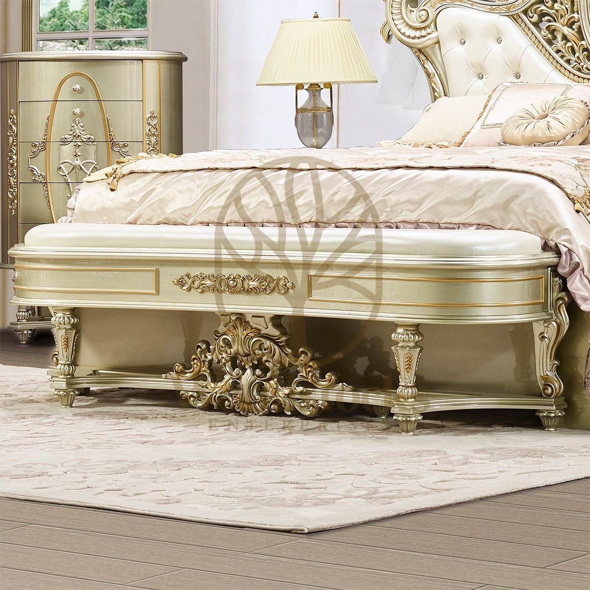 Teak Tufted Antique Gold King Size Bed, alternate view