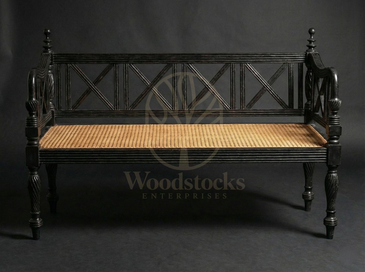 Luxury Teak Old Colombo Cane-Seat Bench, Saharanpur, view 3