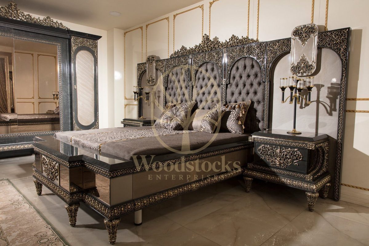 Teak Ornate Charcoal and Silver 4-Piece King Size Bed, view 4