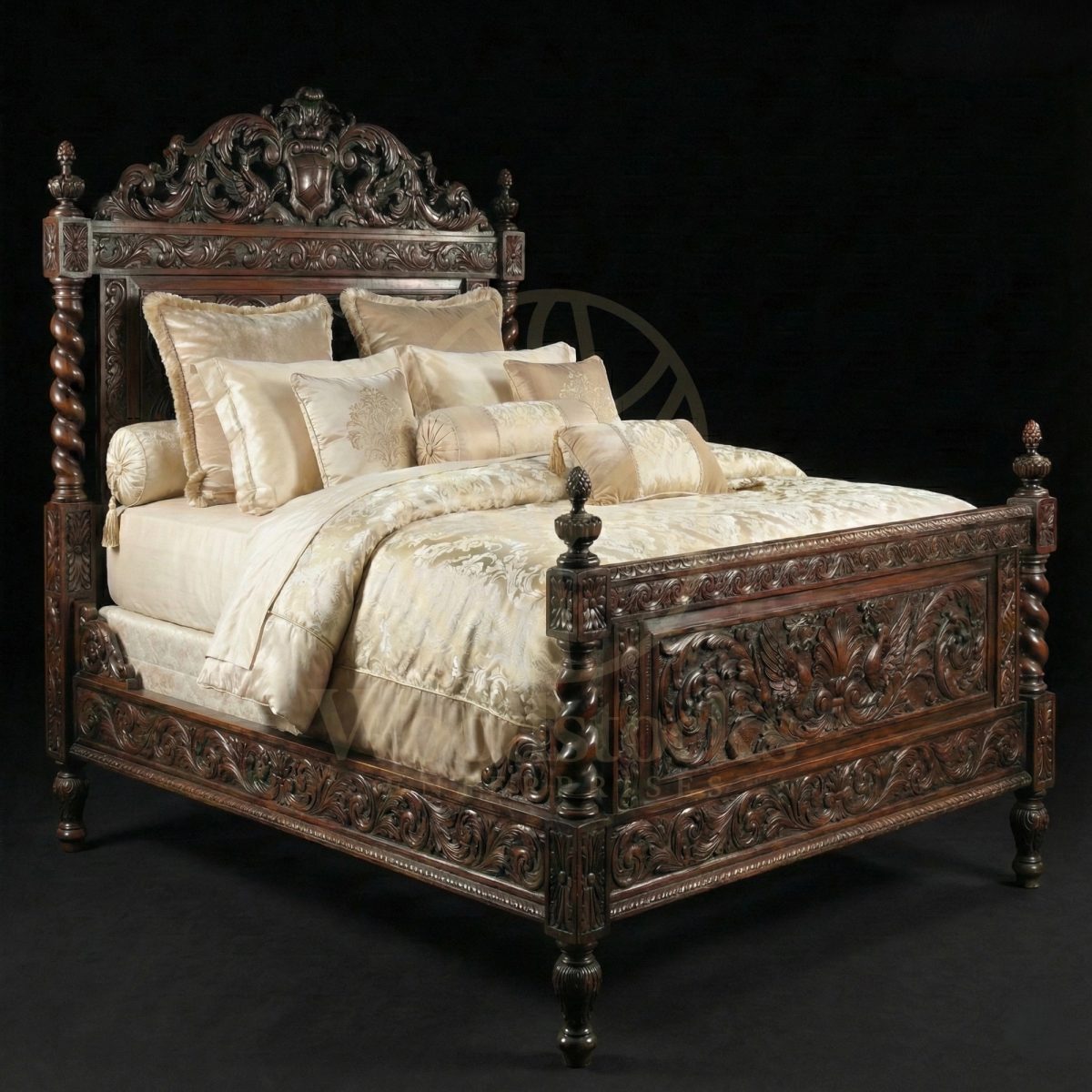 Royal Hand Carved Teak Imperial Crest Bed, Saharanpur, King Size Bed
