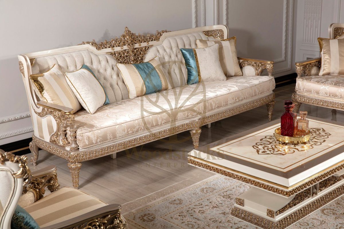 Teak Ornate Cream and Gold Throne Sofa Set, view 14