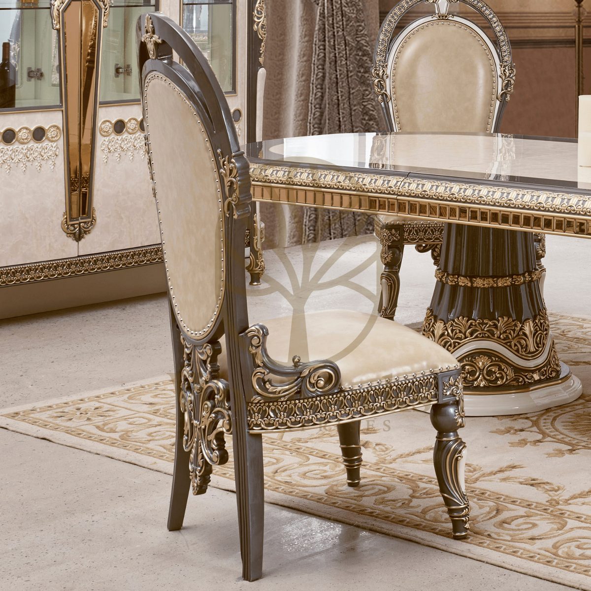 Teak Luxury Marbled Ivory Dining Chair Set, Dining Chairs
