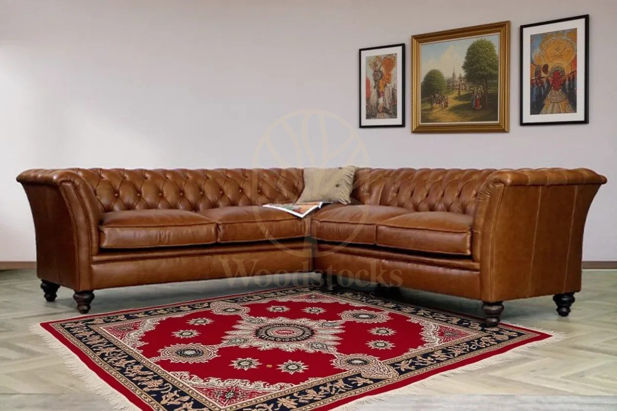 Royal Melton Chesterfield Leather Hand Carved Teak L-Shape Sofa, Saharanpur, view 5
