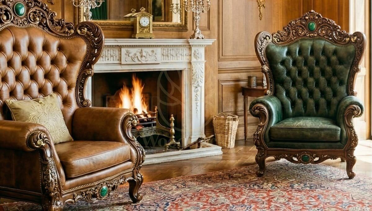 Royal Valmont Chesterfield Leather Hand Carved Teak Armchair, Saharanpur, view 2